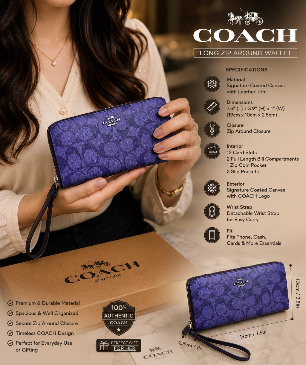 COACH Signature Zip Around Wallet Purple Leather Wristlet – Women's Clutch