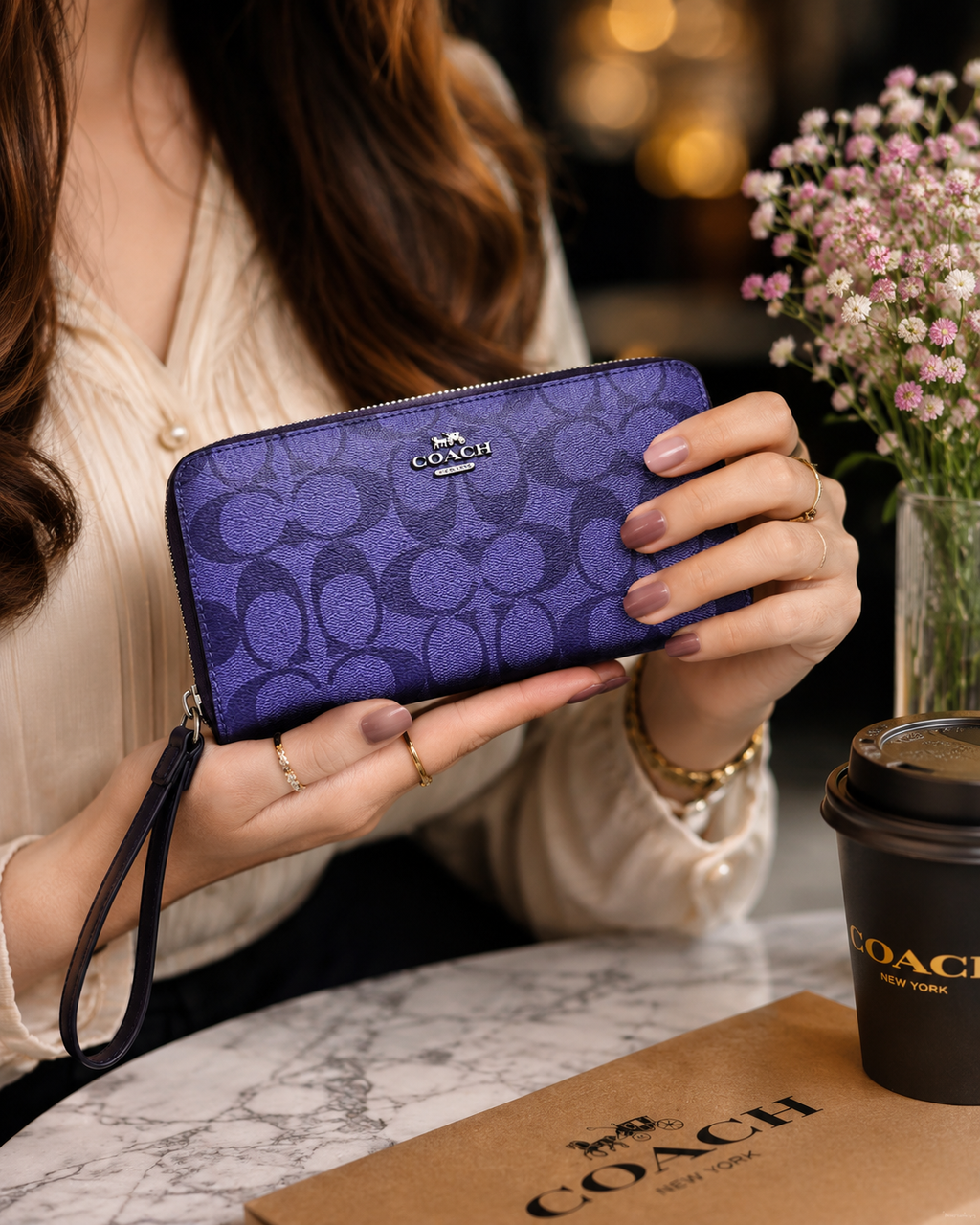 COACH Signature Zip Around Wallet Purple Leather Wristlet – Women's Clutch