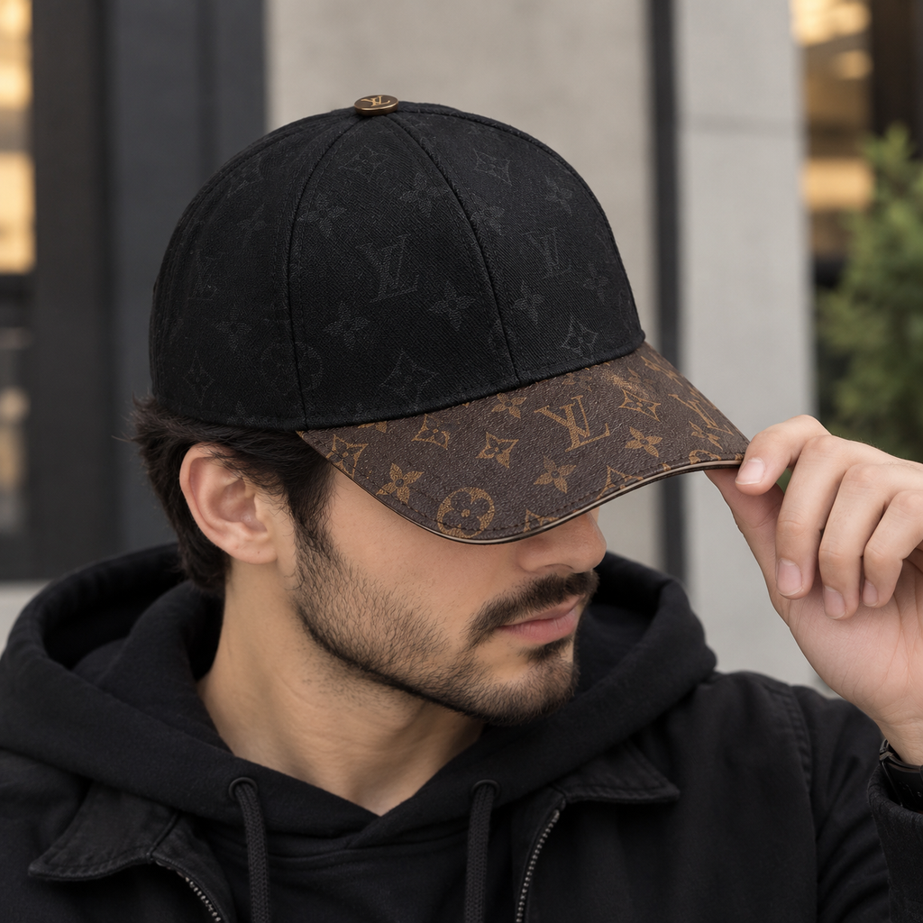 Louis Vuitton Black Monogram Baseball Cap with Brown Brim