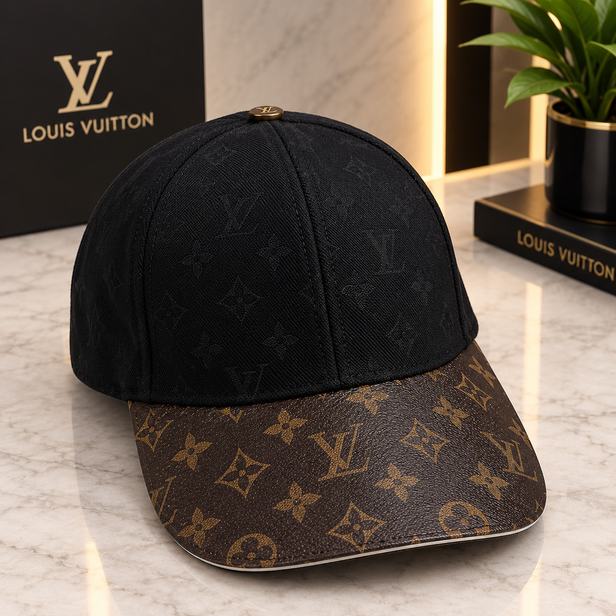 Louis Vuitton Black Monogram Baseball Cap with Brown Brim