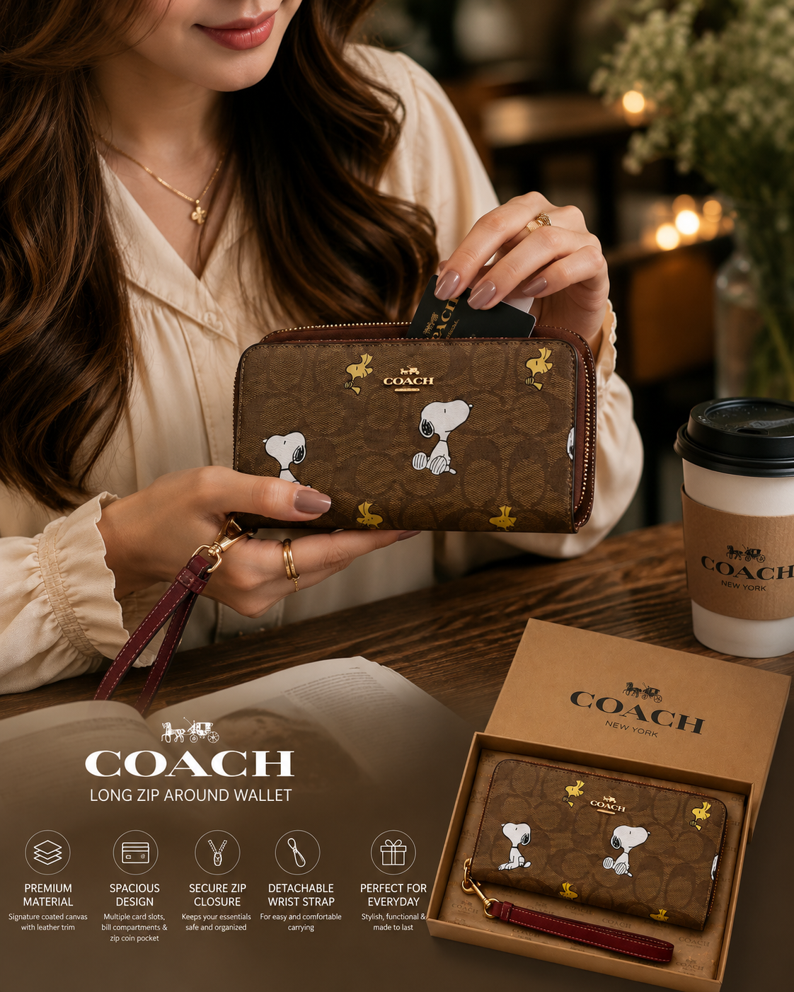 COACH x Peanuts Snoopy Zip Around Wallet – Brown Signature Canvas