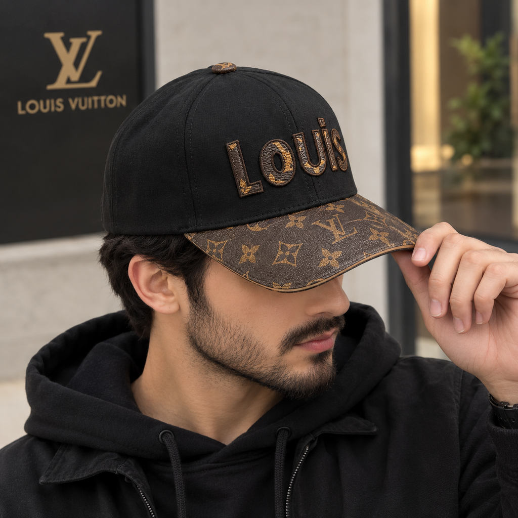 Louis Vuitton Black Baseball Cap with Brown Monogram Brim