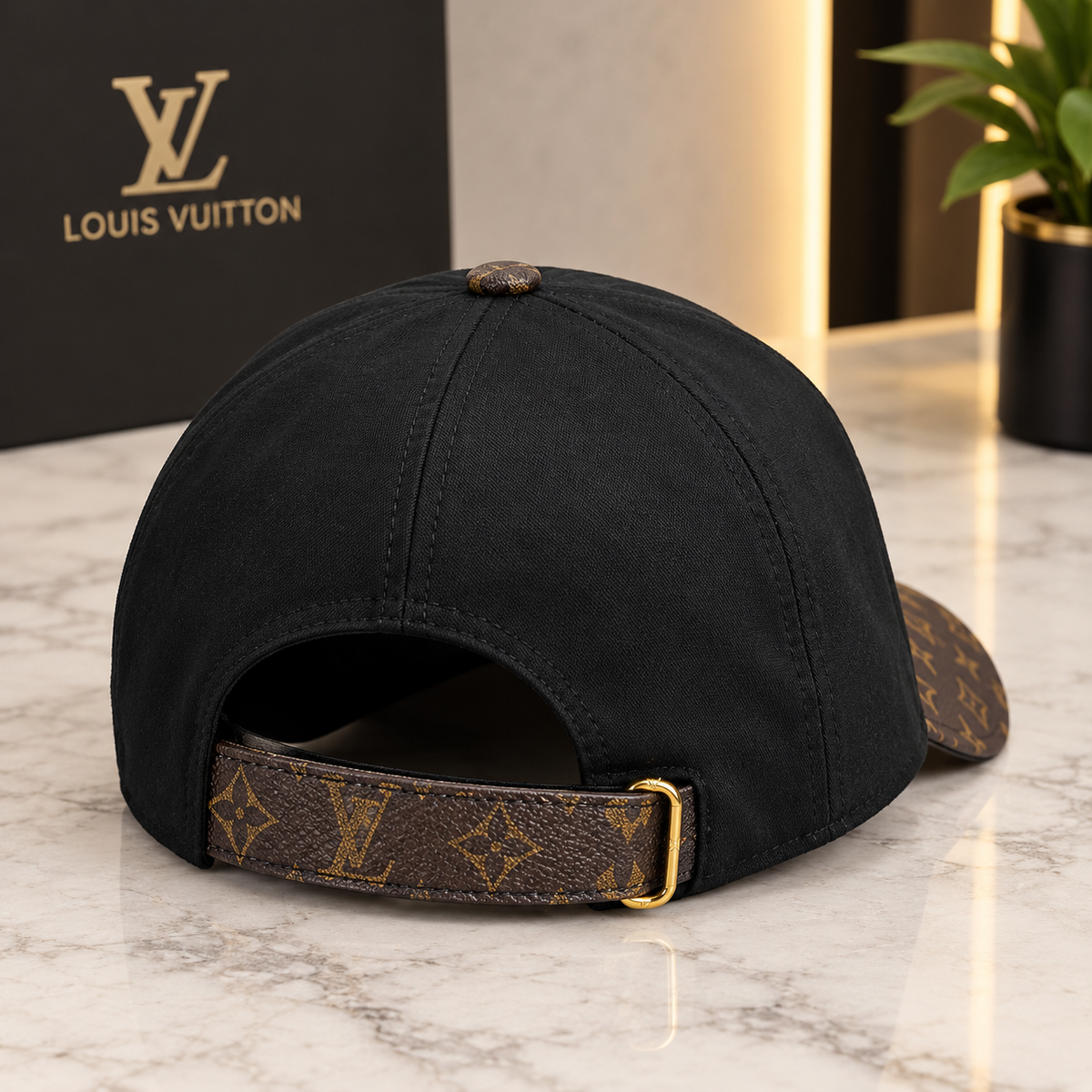 Louis Vuitton Black Baseball Cap with Brown Monogram Brim
