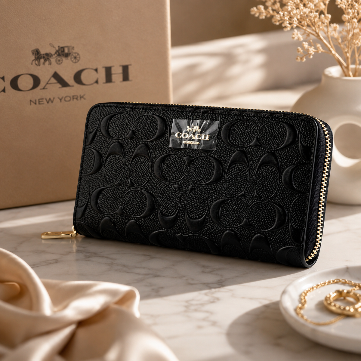 COACH Long Zip Around Wallet – Black Signature Leather