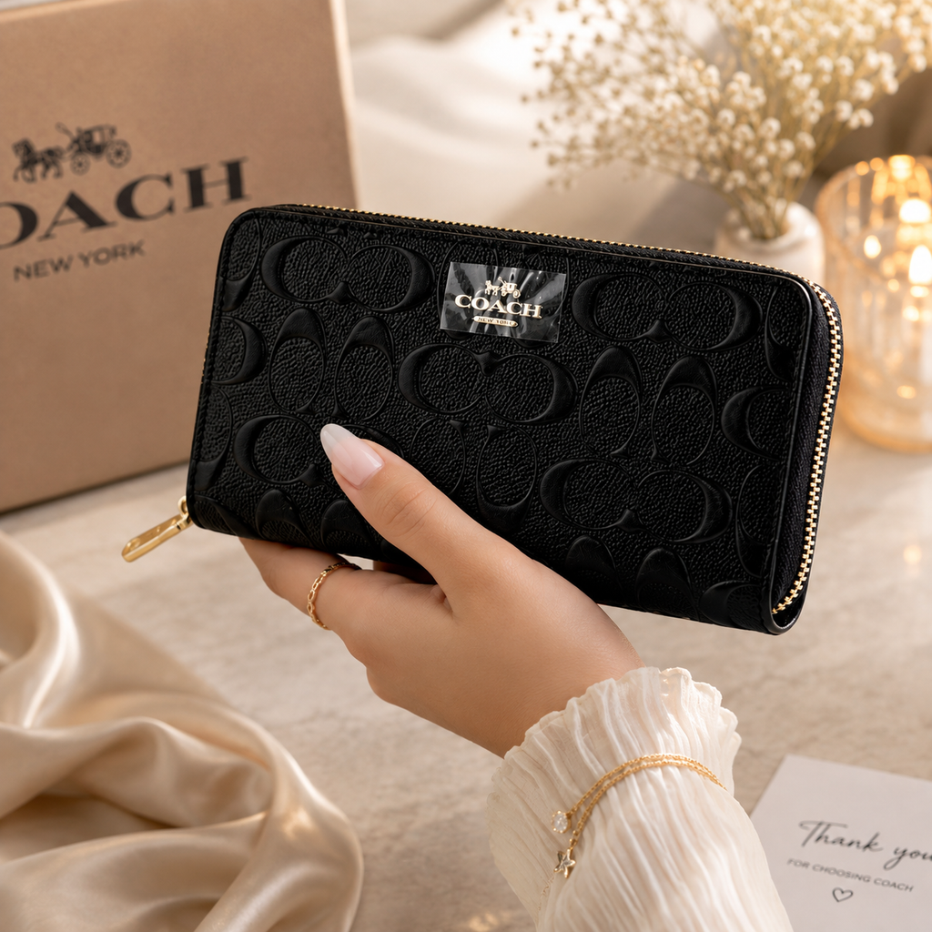 COACH Long Zip Around Wallet – Black Signature Leather
