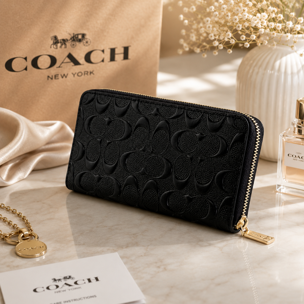 COACH Long Zip Around Wallet – Black Signature Leather