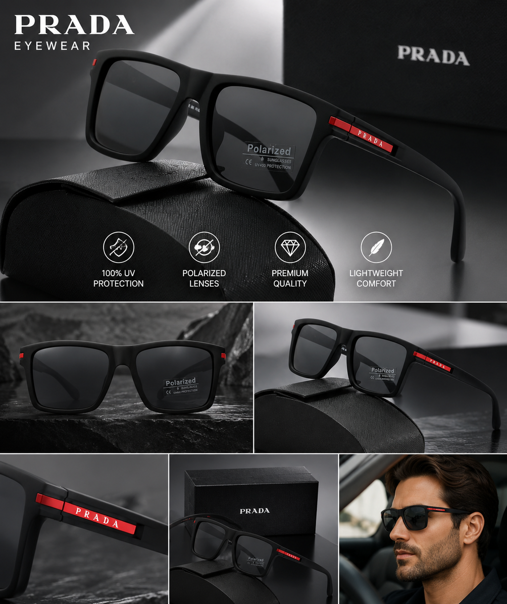 Prada Black Men’s Sunglasses with Protective Case – Stylish Designer Eyewear | Best Buyers Shop