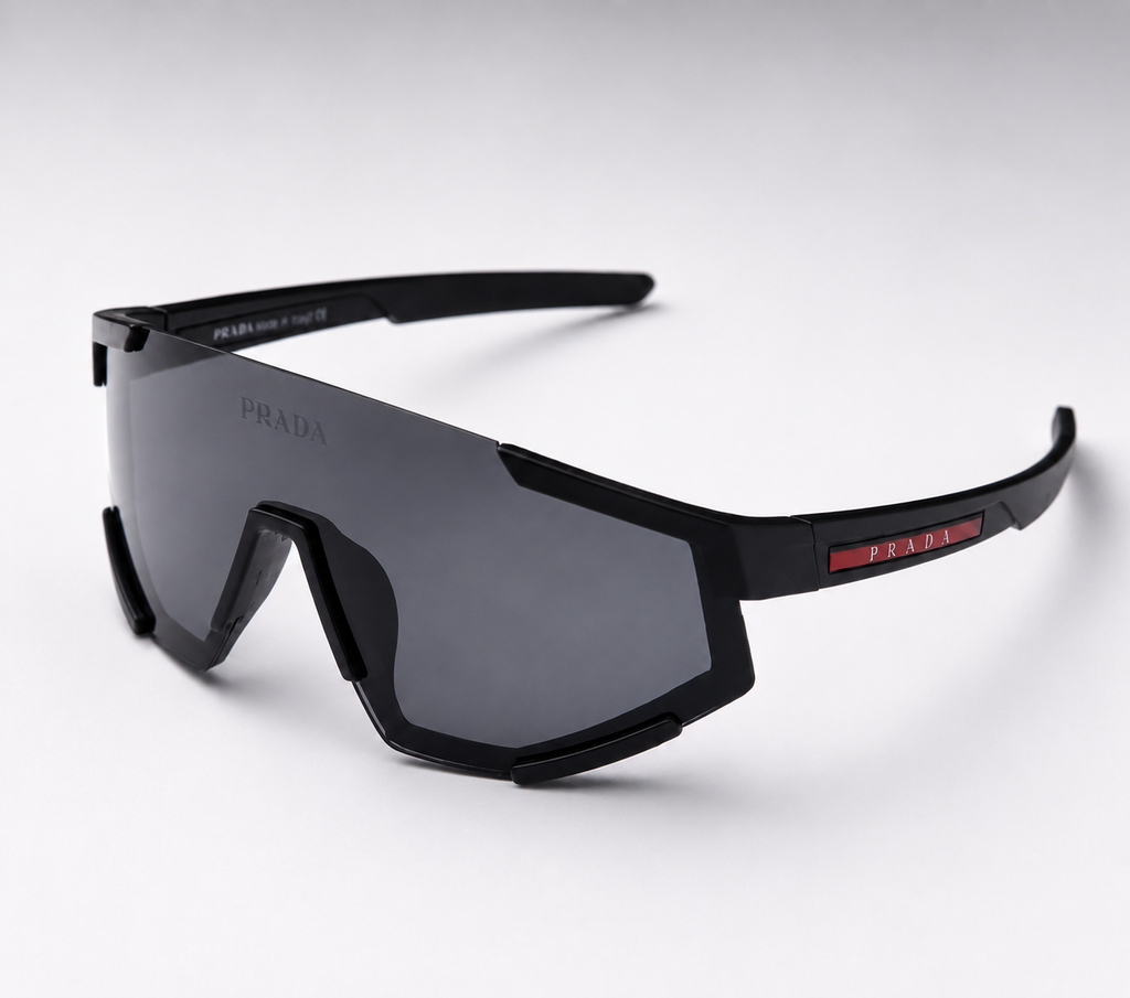Prada Men’s Shield Sunglasses Black Plastic Frame with Gray Tinted Lenses | Best Buyers Shop