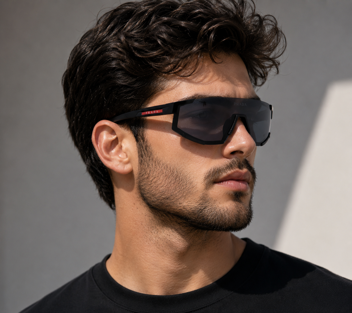 Prada Men’s Shield Sunglasses Black Plastic Frame with Gray Tinted Lenses | Best Buyers Shop