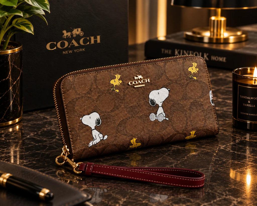 COACH x Peanuts Snoopy Zip Around Wallet – Brown Signature Canvas