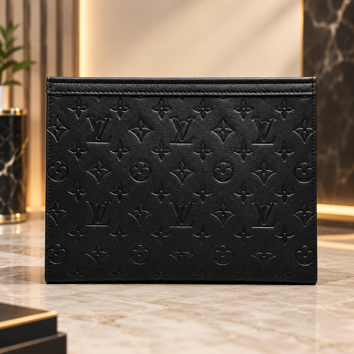 Louis Vuitton Black Monogram Embossed Zip Clutch Bag for Men