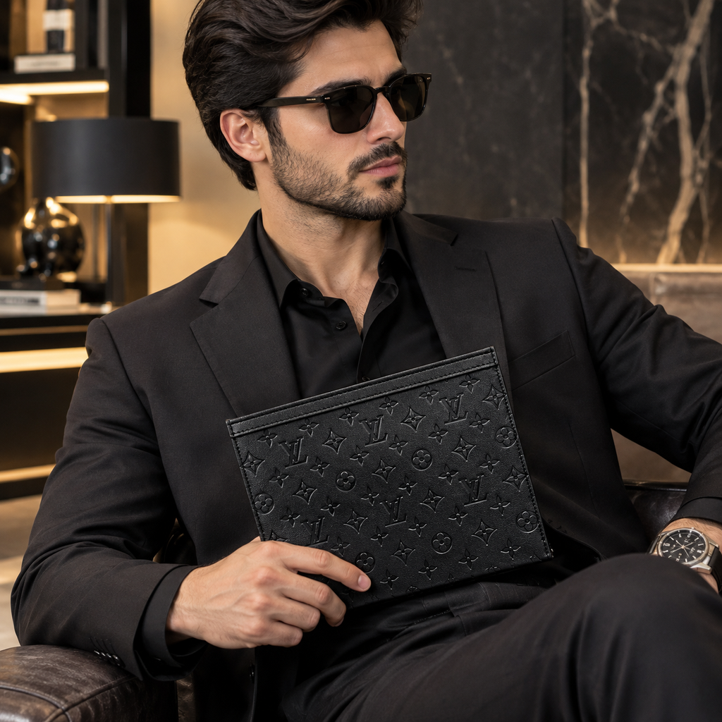 Louis Vuitton Black Monogram Embossed Zip Clutch Bag for Men