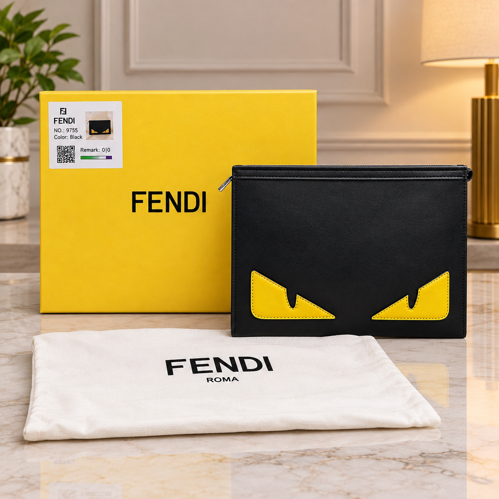 Fendi Roma Monster Collection Black Leather Zipper Pouch