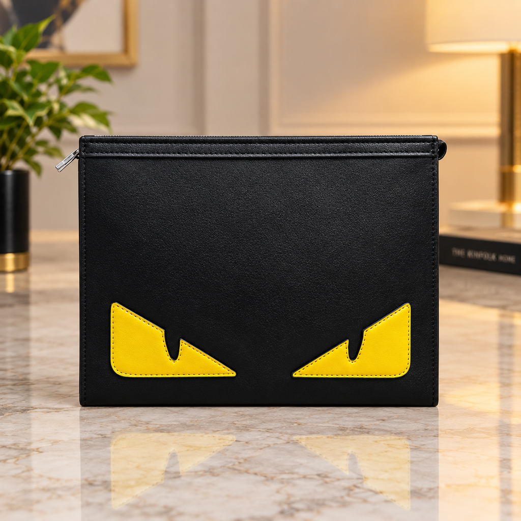 Fendi Roma Monster Collection Black Leather Zipper Pouch