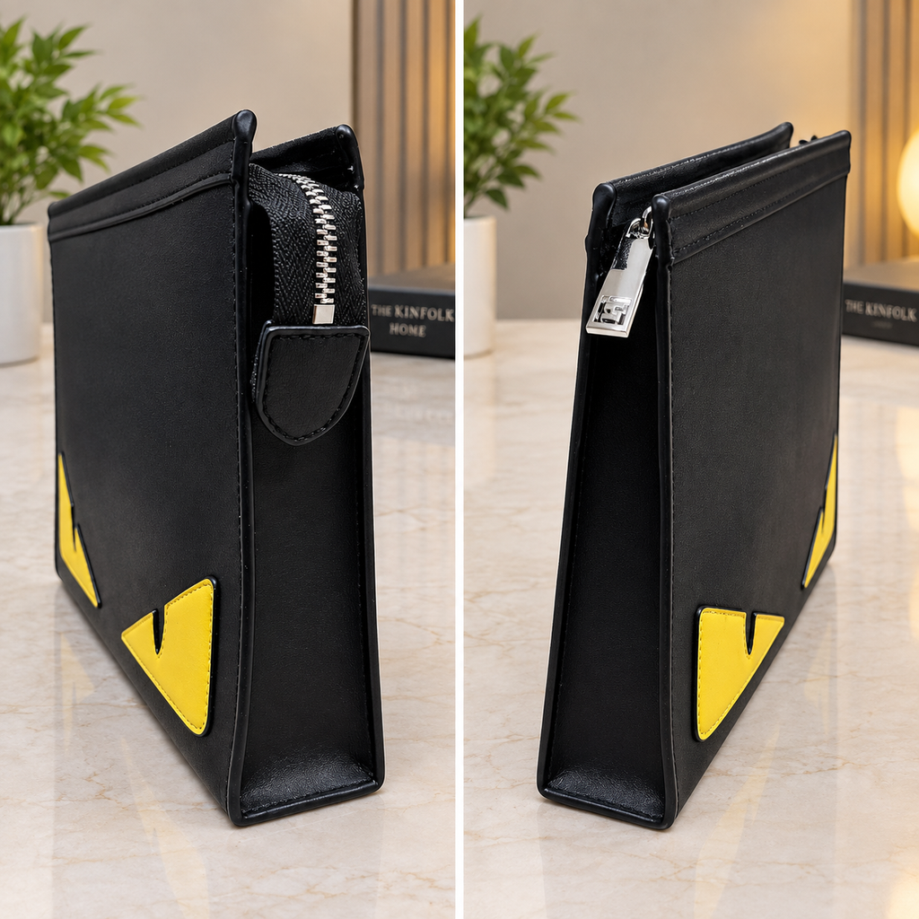 Fendi Roma Monster Collection Black Leather Zipper Pouch