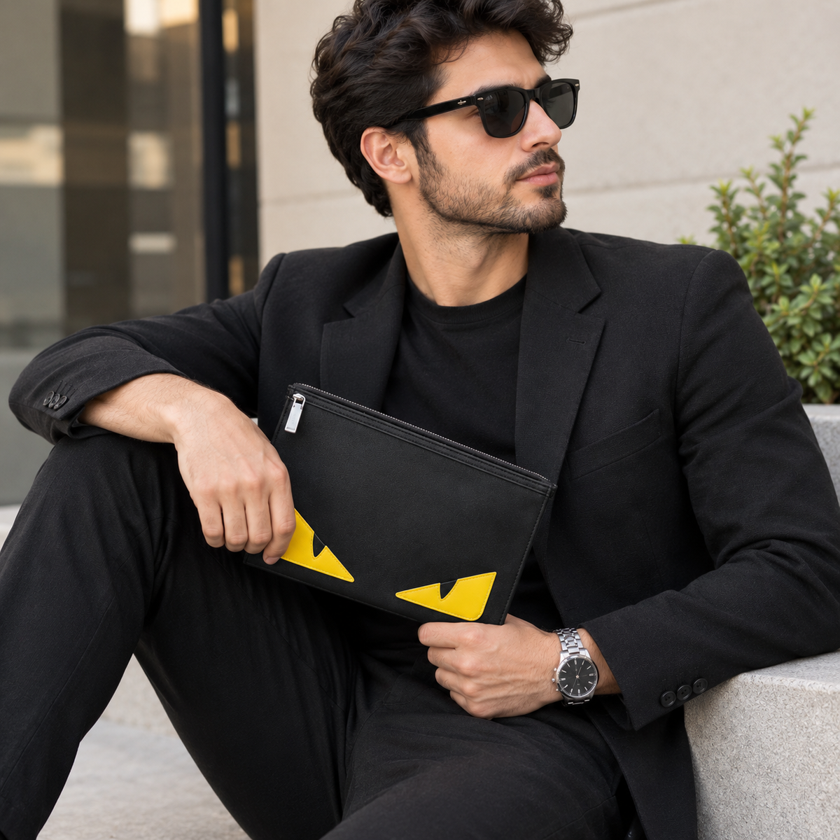 Fendi Roma Monster Collection Black Leather Zipper Pouch