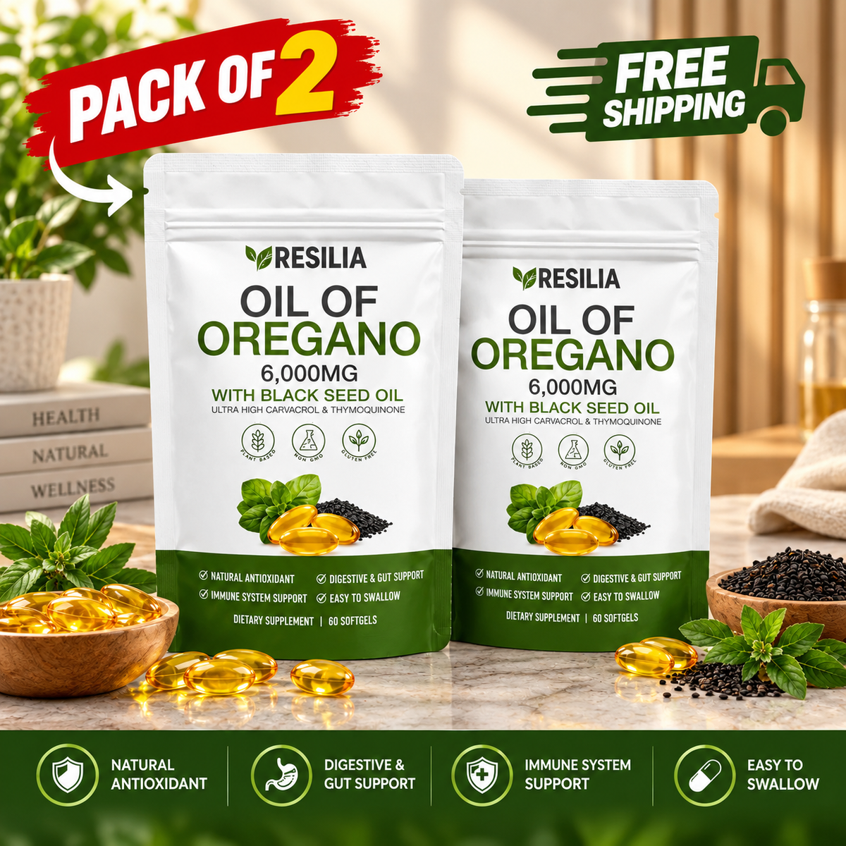 Resilia Oil of Oregano 6000mg with Black Seed Oil – 60 Softgels
