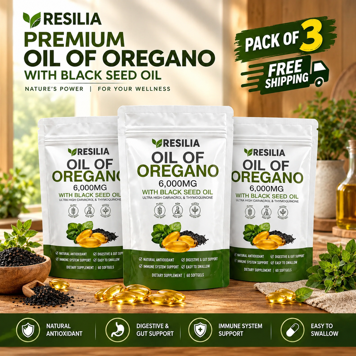 Resilia Oil of Oregano 6000mg with Black Seed Oil – 60 Softgels