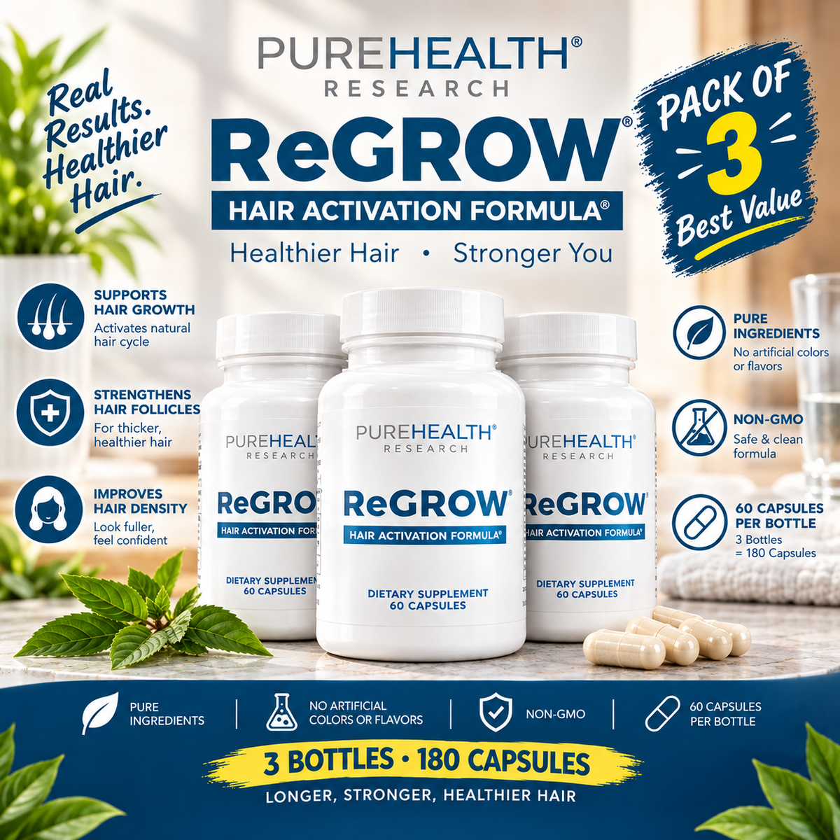 PUREHEALTH RESEARCH ReGrow Hair Growth Vitamins with Biotin