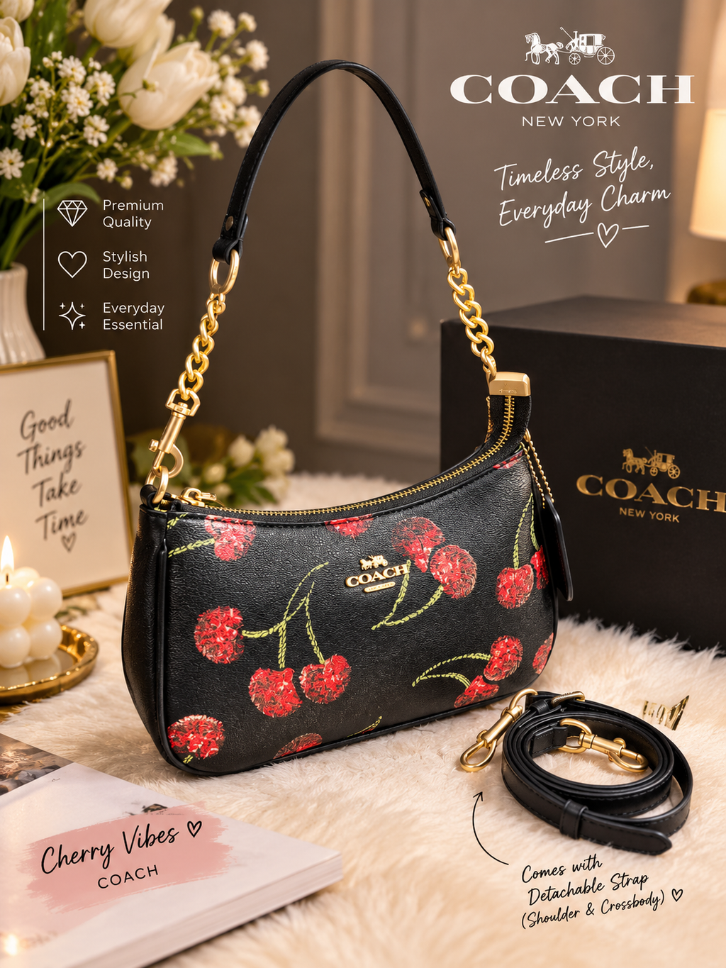COACH Teri Shoulder Bag CCZ16 – Black &amp; Red Glitter Cherry Print
