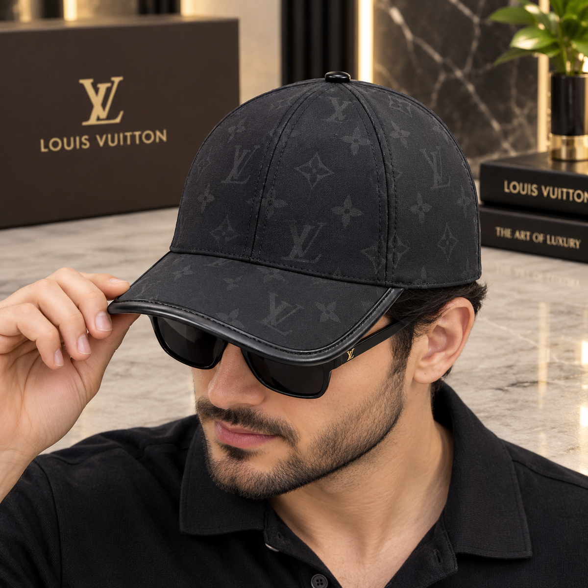Louis Vuitton Black Leather Monogram Baseball Cap