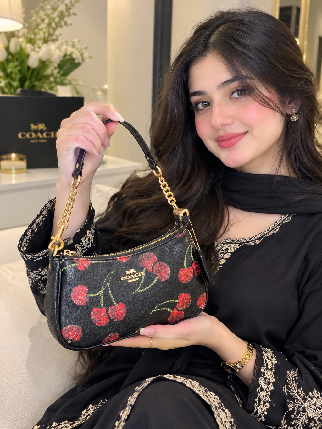 COACH Teri Shoulder Bag CCZ16 – Black &amp; Red Glitter Cherry Print