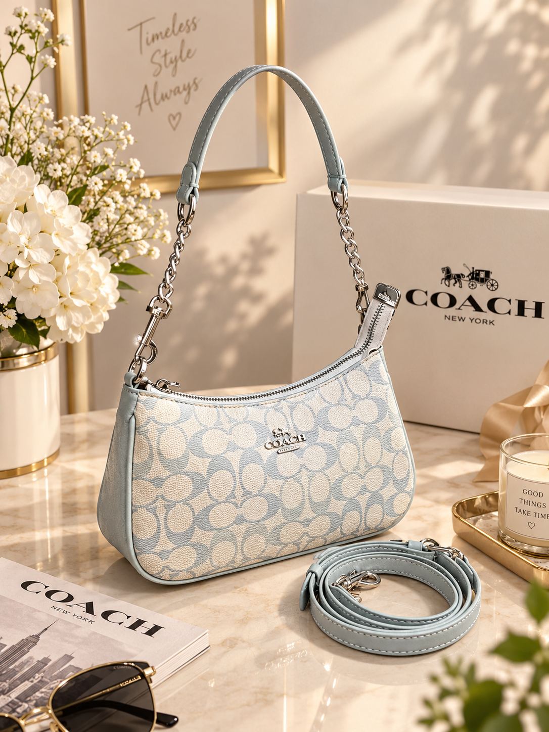 COACH Teri Shoulder Bag Light Blue Chambray Signature Canvas