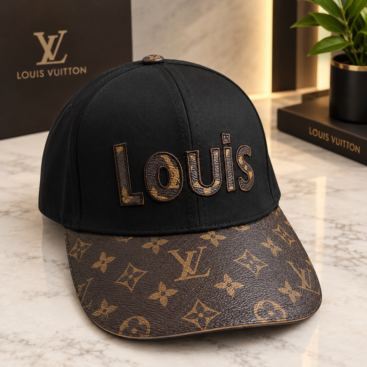 Louis Vuitton Black Baseball Cap with Brown Monogram Brim