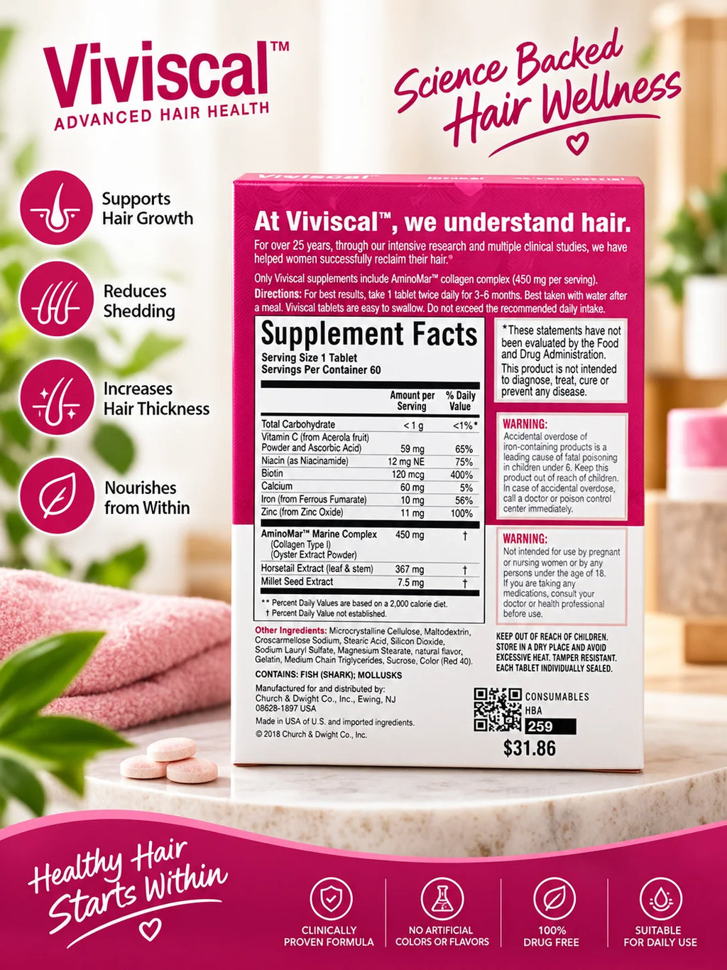Viviscal Hair Growth Supplements for Women – 60 Tablets, 1-Month Supply