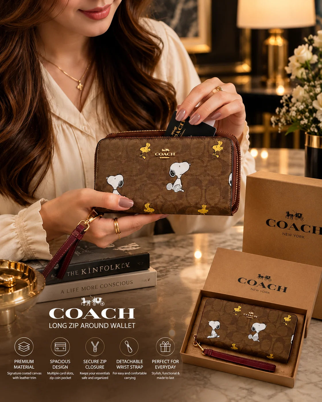 Coach x Peanuts Snoopy Zip-Around Wallet in Brown Signature Canvas – Designer Wallet