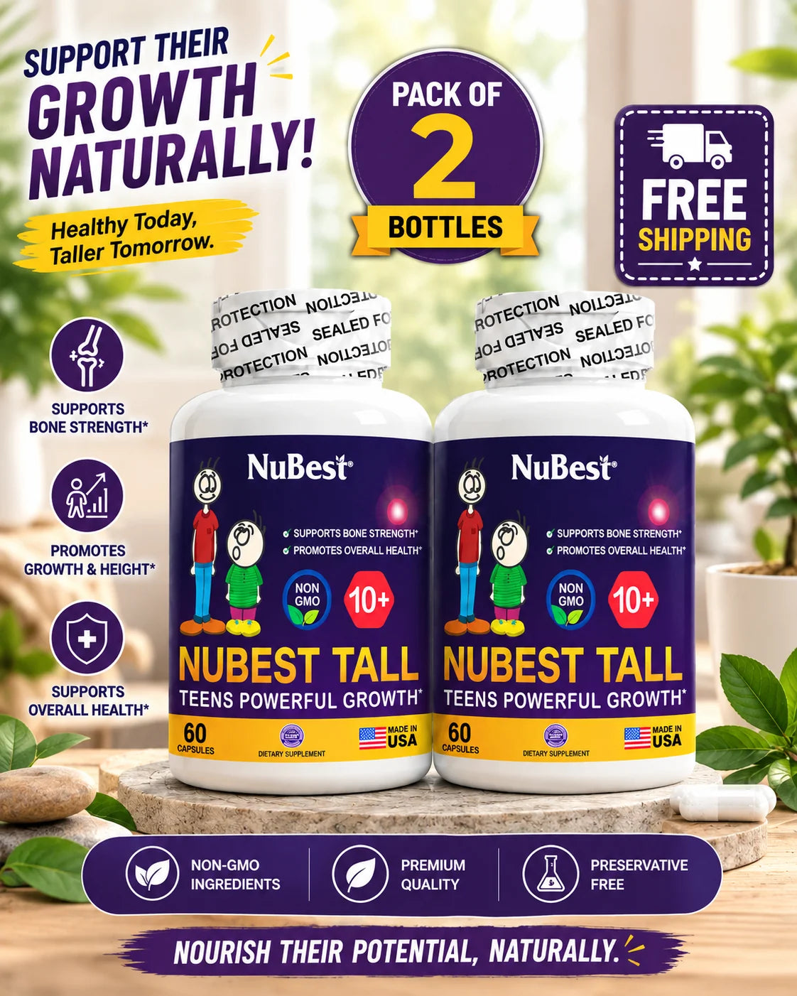 NuBest Tall 10+ Bone Health Supplement – Calcium, D3, K2 &amp; Collagen, 60 Capsules